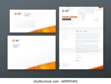 Envelope DL, C5, Letterhead. Orange Corporate business template for envelope and letter. Layout with modern triangle elements and abstract background. Creative vector concept