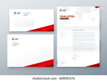 Envelope DL, C5, Letterhead. Red Corporate Business Template For Envelope And Letter. Layout With Modern Triangle Elements And Abstract Background. Creative Vector Concept