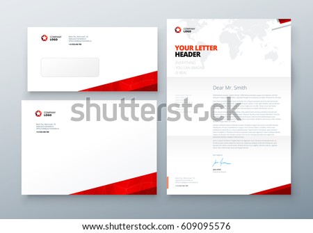 Envelope DL, C5, Letterhead. Red Corporate business template for envelope and letter. Layout with modern triangle elements and abstract background. Creative vector concept