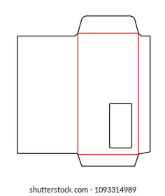 Envelope DL pocket size horizontal die cut template with window for card, invitation, flyer. Stamp. Vector black isolated circuit envelope. International standard size. Die line envelope.