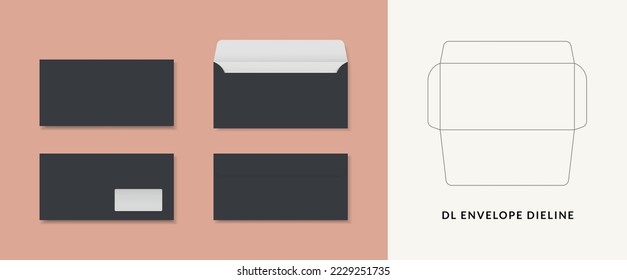 Plantilla de corte de tamaño DL de sobres para a4, a5 de papel con líneas de corte. DL Endotes simulando vista frontal y posterior.