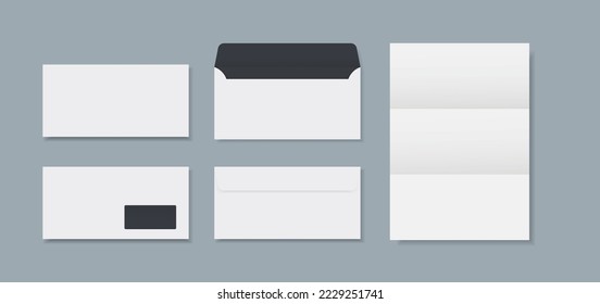 Envelope DL size die cut template for a4, a5 paper with cut lines. DL Envelopes mockup front and back view.