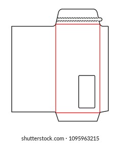 Envelope DL size pocket die cut template with window and tear strip borders, tear-off perforation, zipper rules. Stamp. Vector isolated circuit envelope. International standard size. Die line envelope