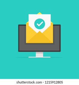 Envelope With Document Check Mark Green. Successful E-mail Delivery, Email Delivery Confirmation. Vector Illustration.