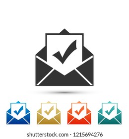Envelope with document and check mark icon isolated on white background. Successful e-mail delivery, email delivery confirmation, successful verification concepts. Flat design. Vector Illustration