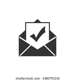 Envelope with document and check mark icon isolated. Successful e-mail delivery, email delivery confirmation, successful verification concepts. Flat design. Vector Illustration