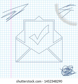 Envelope with document and check mark line sketch icon isolated on white background. Successful e-mail delivery, email delivery confirmation, successful verification concepts. Vector Illustration