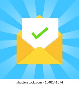 Envelope with document and green check mark icon Successful e-mail delivery, email delivery confirmation, successful verification concept Illustration Vector