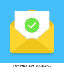 Envelope with document and green check mark on blue background. Confirmation email message. Successful verification or email delivery concept. Accept green tick. Vector illustration