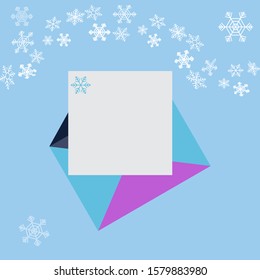 Envelope with document isolated. White snowflakes circle around envelope. Vector illustration on blue background. New Year mailing idea. Xmas theme of notifications, communication, letters. Copyspace.