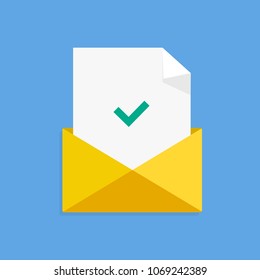 Envelope with document paper with check mark. Email marketing, e-mail icon, internet advertising concepts, internet commercial. Creative flat vector illustration.