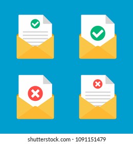 Envelope with document paper sheet  page check mark tick and cross text icon sign vector illustration set. Symbol of email delivery, verification flat design concept isolated on blue background.
