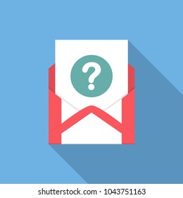 Envelope with document and round blue question mark icon. Vector illusrtation.