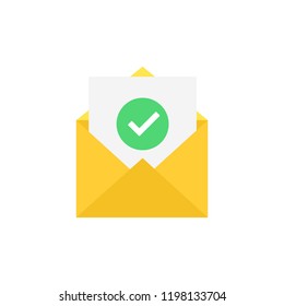Envelope and document and round green check mark icon. Vector illustration.