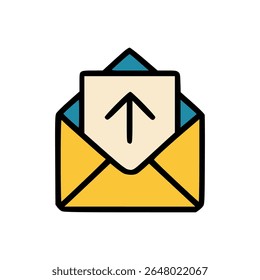 Envelope with document showing upward arrow indicating email sending process upload or outgoing message transmission symbol