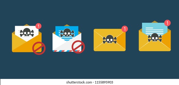 Envelope With Document And Skull Icon. Virus, Malware, Email Fraud, E-mail Spam, Phishing Scam, Hacker Attack Concept. Trendy Flat Design Graphic