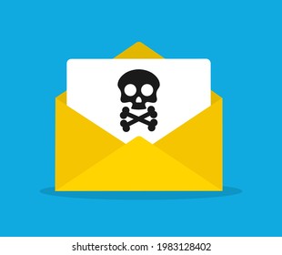 Documento sobre e icono de cráneo. Virus, malware. Ilustración del vector