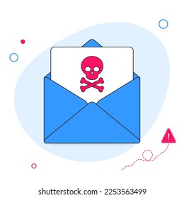 Envelope with document and skull icon. Virus, malware, email fraud, e-mail spam, phishing scam, hacker attack concept. Vector flat illustration