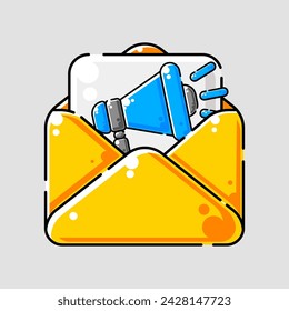 sobre con documentos y megáfono para servicios de correo, comunicaciones empresariales y marketing digital. Ideal para materiales de marketing y promoción.
