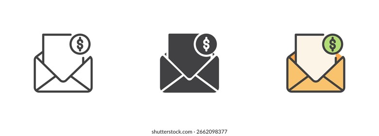 Sobre con el icono de la insignia del dólar establecido en línea, estilo de contorno sólido y lleno. Representa el correo electrónico financiero, la Factura, el mensaje de pago o el ícono de correo relacionado con dinero.