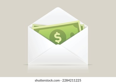 Sobre con billetes de dólares, ilustración vectorial estilizada
