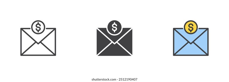 Sobre con el símbolo del dólar diferente conjunto de iconos de estilo. Línea, glifo y contorno relleno versión colorida, contorno y signo de Vector relleno. Símbolo de transferencia de dinero, ilustración de logotipo. Gráficos de Vector