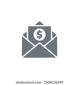 Sobre con icono de símbolo de dólar. Icono gris simple de un sobre con un signo de dólar en el interior sobre un fondo blanco. Perfecto para usar en presentaciones, Sitios web y App móviles.