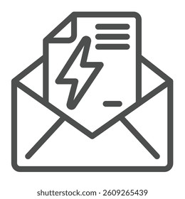 Envelope with electricity bill paper line icon, electrical service concept. Vector graphics. Mail letter and lightning sign on white background, outline style icon for mobile or web design