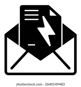 Envelope with electricity bill paper solid icon, electrical service concept. Vector graphics. Mail letter and lightning sign on white background, style mobile or design