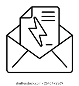 Envelope com conta de eletricidade ícone de linha fina de papel, conceito de serviço elétrico. Gráficos vetoriais. Carta de correio e sinal de relâmpago em fundo branco, estilo móvel ou design