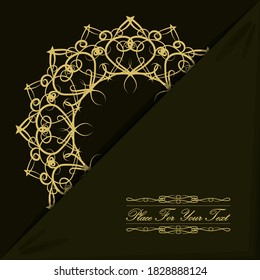 Ein Umschlag mit elegantem runden Dekor für eine Karte, Einladung, Gruß, Visitenkarte, Broschüre und mehr. Goldenes kreisförmiges Ornament, Mandala auf Chaki-Hintergrund. Vektorgrafik