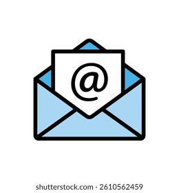 Envelope email icons with at symbol in blue fill  styles, representing email, messaging, communication, inbox, and contact in flat vector design