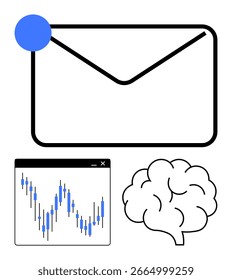 Envelope com um crachá de notificação por e-mail, um gráfico de crescimento financeiro e uma ilustração do cérebro. Ideal para comunicação empresarial, finanças, estratégia de crescimento, análise, neurociência, ciência cognitiva