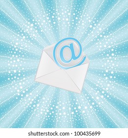 Envelope with email on blue sunbeam background.
