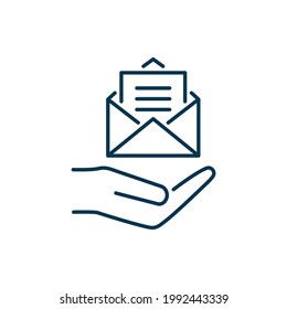 Envelope or email on hand icon line style isolated on white background. Vector illustration