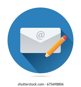 envelope with email and pencil icon flat design vector, compose email concept