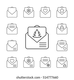 envelope email postcard card letter xmas valentine christmas thin line outline black vector icons set