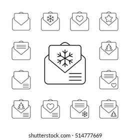 envelope email postcard card letter xmas valentine christmas thin line outline black vector icons set