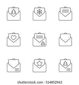 envelope email postcard card letter xmas valentine christmas thin line outline black vector icons set