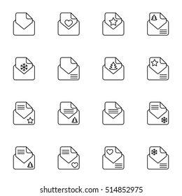 envelope email postcard card letter xmas snowflake christmas thin line outline black vector icons set