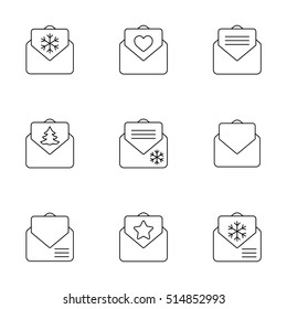 envelope email postcard card letter xmas snowflake christmas thin line outline black vector icons set