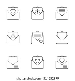 envelope email postcard card letter valentine love christmas xmas thin line outline black vector icons set