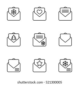 envelope email postcard card letter xmas snowflake christmas thin line outline black vector icons set