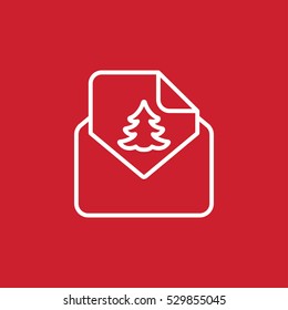 envelope email postcard card letter xmas christmas tree thin line outline white on red vector icon