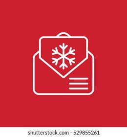 envelope email postcard card letter xmas christmas snowflake thin line outline white on red vector icon