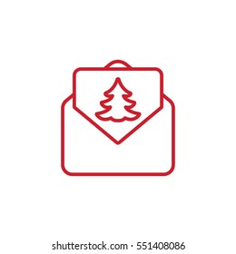 envelope email postcard card letter xmas christmas tree thin line outline red on white vector icon