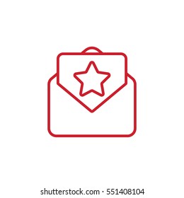 envelope email postcard card letter with star thin line outline red on white vector icon