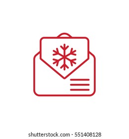envelope email postcard card letter xmas christmas snowflake thin line outline red on white vector icon