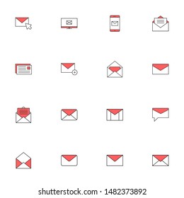 envelope, email, postcard filled line red icons set