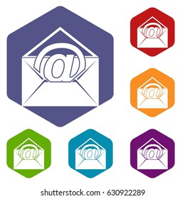 Envelope with email sign icons set hexagon isolated vector illustration